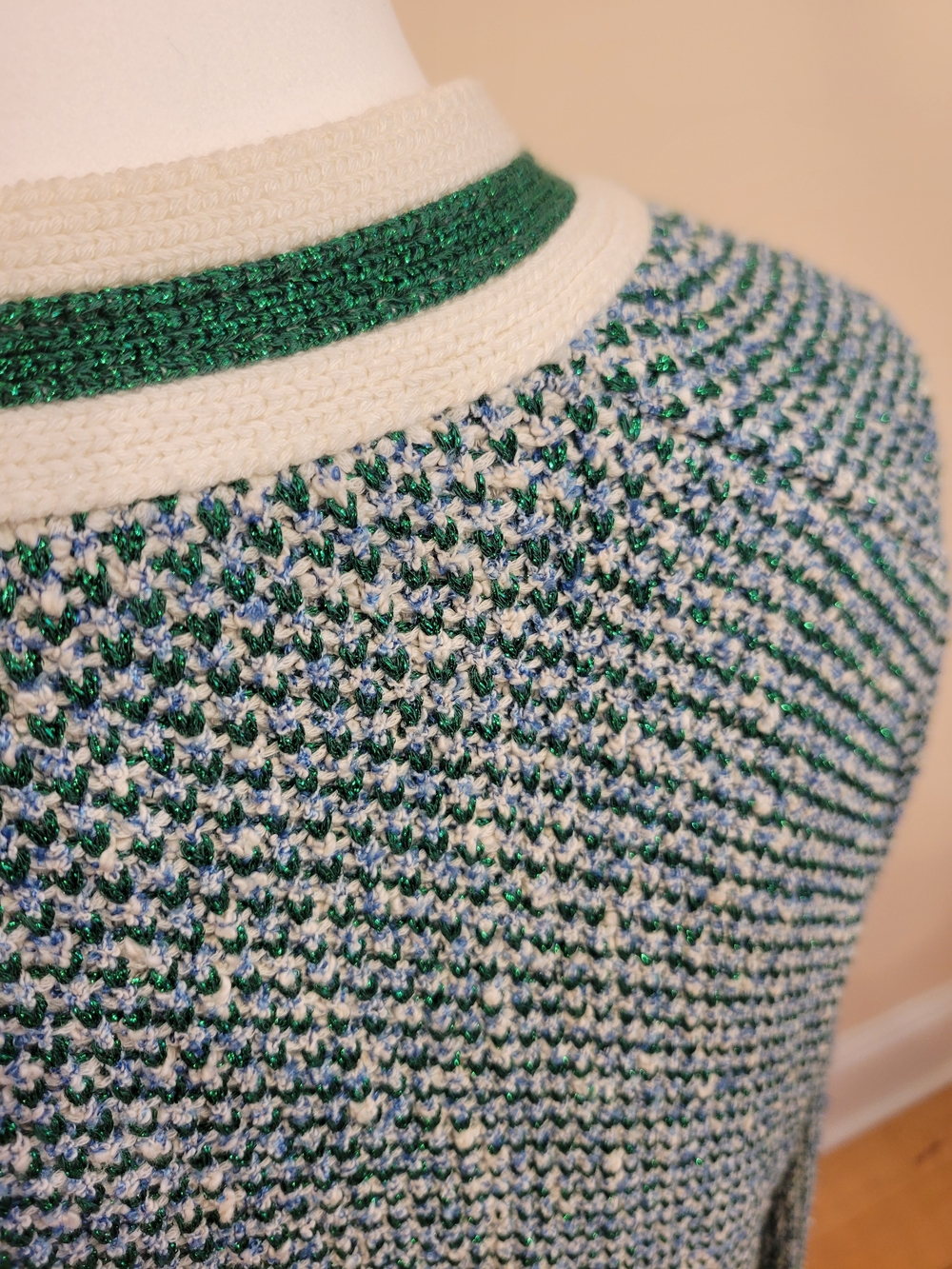 Maje Green V-Neck Cardigan with Cream Trim, Size 2, Gold Buttons, Metallic - Picture 7 of 8